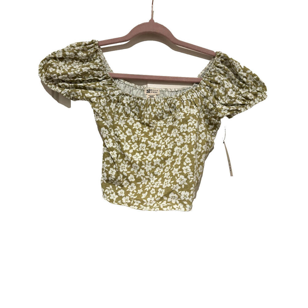Billabong sz S green floral puff‎ short sleeve crop top cotton new tags #3305